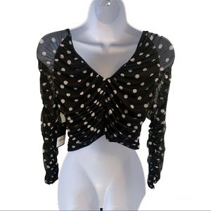 Long Sleeves Mesh Ruched Top black Polka dot Size M
